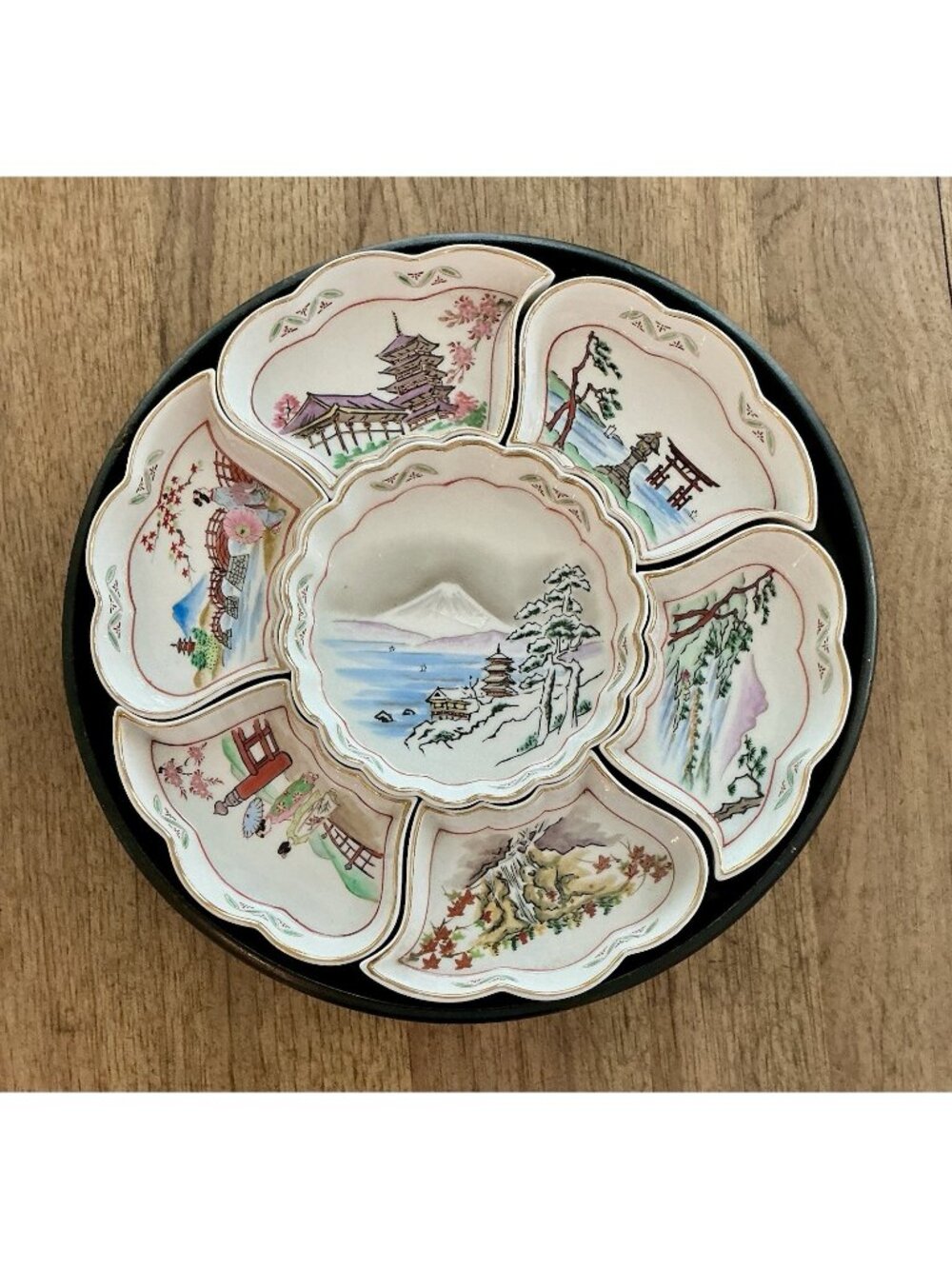 Kutani Style Japanese Porcelain Relish Dish Set 7pc Mt Fuji Scenic w/ Stand